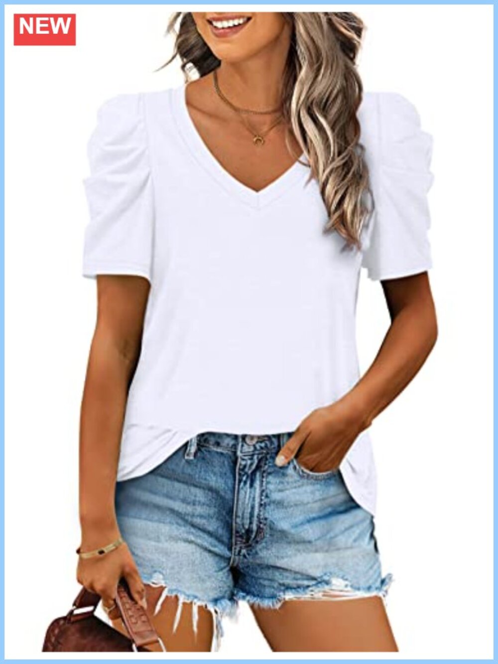 Womens V Neck Puff Sleeve Casual T-Shirt Loose Fit Summer Tee